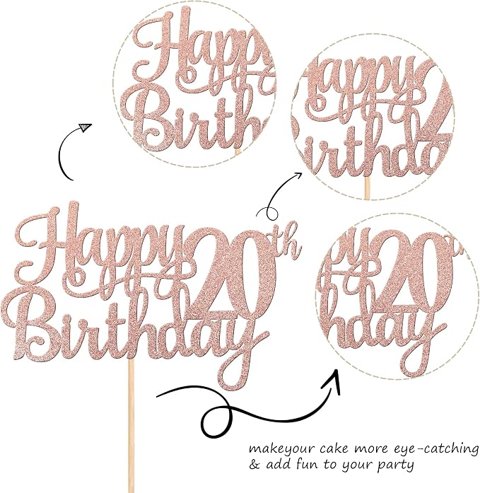 1 PCS Happy 20th Birthday Cake Topper Glitter Cheers to 20 Years Birthday Cake Pick Twenty 20 Fabulous Cake Decoration for Happy 20th Birthday Theme Party Decorations Supplies Rose Gold