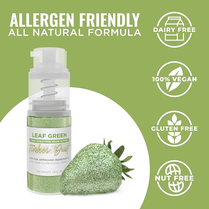 Bakell - Leaf Green Tinker Dust (4g, 1x Mini Spray Pump) Edible Glitter for Food, Desserts, and Baked goods!