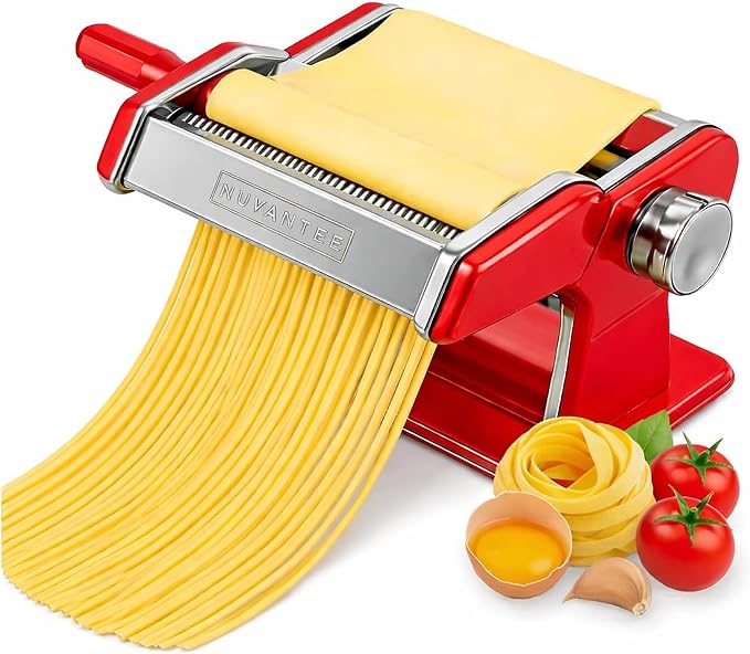 Nuvantee Pasta Maker with 7 Adjustable Thickness Settings - 3 in 1 Noodle Maker with Rollers & 2 Width Cutters for Fresh Spaghetti, Fettuccini, Lasagna, Dumplings & More - Red