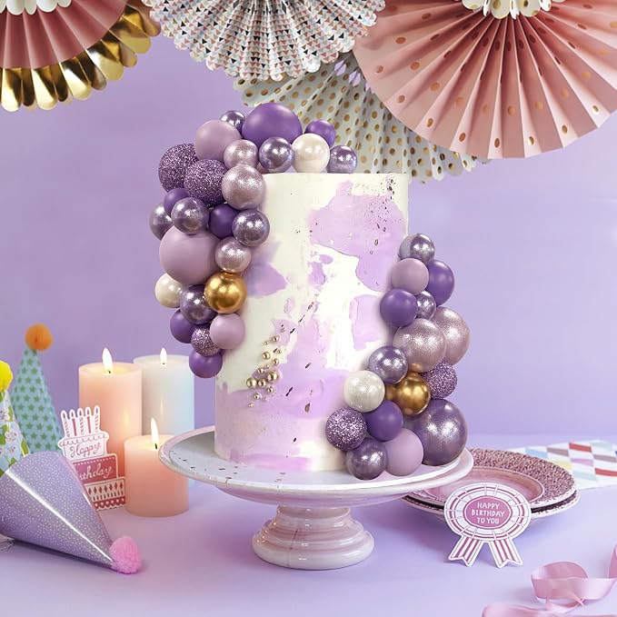 56 PCS Colorful Ball Shaped Cake Topper Pearl Balls Cupcake Cake Insert Topper for Birthday Party Wedding Decoration Supplies Purple Seven Colors