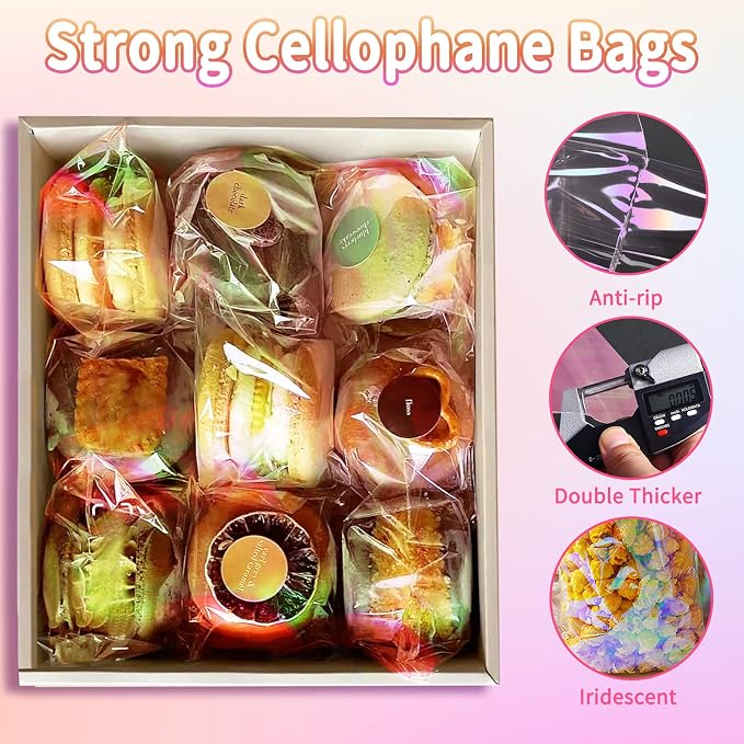 SUREHOME Cookie Bags with Seal 100 Pcs 5x6 In Iridescent Holographic Self Sealing Cellophane Treat Bags Pink Resealable Individual Cookie Bag for Gift Giving Valentine Candy Packaging Goodie Wrappers