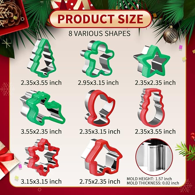 Christmas Cookie Cutter Set - 8 Piece Holiday Cookies Molds with Comfort Grip for Xmas Party Supplies/Favors - Including Glove, Snowman, Gingerbread Man, Star, Snowflakes, Christmas Tree, etc