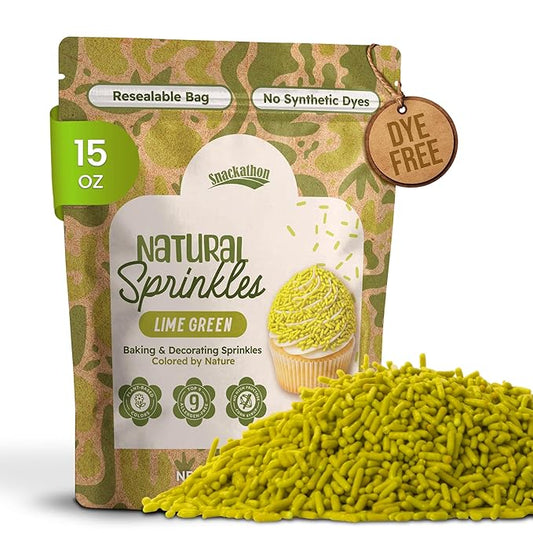 Snackathon Natural Sprinkles for Baking & Decorating, Dye-Free Green Sprinkles, 15 oz Bulk Jimmies in Resealable Bag - Naturally Colored, No Artificial Dyes, Gluten-free for Cakes, Cupcakes & Ice Cream