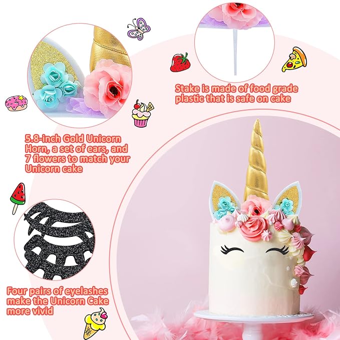 Zkptops Unicorn Cake Topper Birthday Party Supplies Unicorn Birthday Decorations Gold Horn Cake Topper Accessory with Eyelashes Cute Handmade Reusable Cake Toppers for Girls Kids Women 5.8 Inch