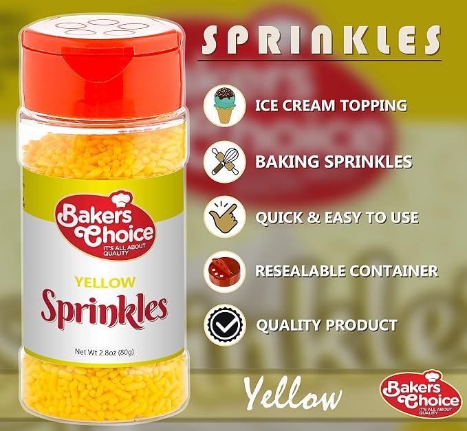 Bakers Choice Yellow Sprinkles for Baking - Jimmies Sprinkles for Ice Cream Toppings - Dairy Free, Kosher 2.8 oz.