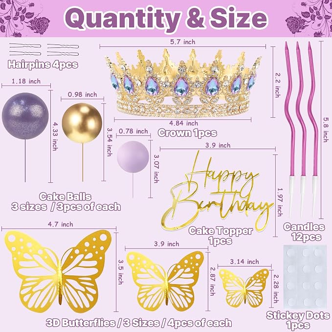 Crown Cake Topper, Purple & Gold Crown Balls Happy Birthday Cake Toppers Candles Butterfly, Corona Para Pastel, Crown Cake Decorations for Women Queen Princess (Gold, Moonlight Purple)