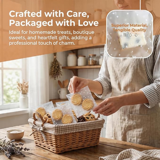 200Pcs White Polka Dot Cookie Bags, Self Sealing Cellophane Bags | for Homemade Cookies, Clear Treat Bags with Self Adhesive Seal for Baking, Party Favors and Gift Giving (4x4 Inches)