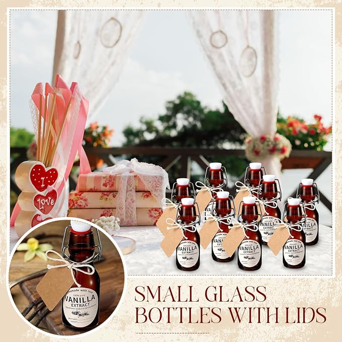 Vesici 8 Sets Swing Top Glass Bottles Set Amber Homemade Vanilla Extract Bottles Vanilla Extract Jars for Christmas DIY Crafts (4 oz)