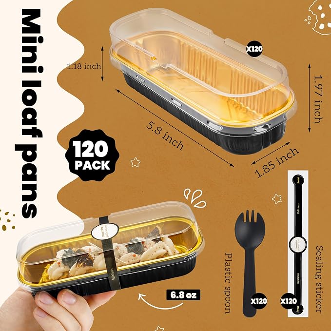 NPLUX Mini Loaf Pans with Lids and Spoons Rectangular Aluminum Foil Baking Pans Mini Cheesecake Containers 6.8 Oz, Graduation Gifts Party Favors(120 Pack, Black Gold)