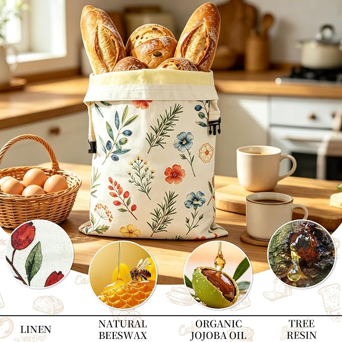Beeswax Bread Bags for Sourdough & Homemade – Reusable | Natural linen bread storage, 17x13 in. Roll & buckle closure. Freezer safe. 2-pack.