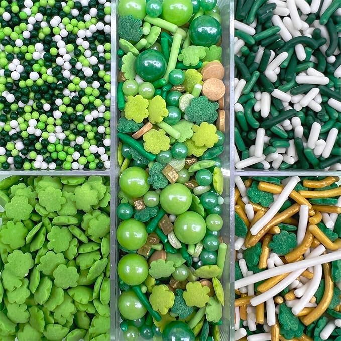 Green Sprinkles for Cake Decorating, ST Patricks Day Spring Sprinkles Mix with Shamrock Clover Jimmies Nonpareils for Ice Cream Cupcakes Baking Cookies Cake Topping