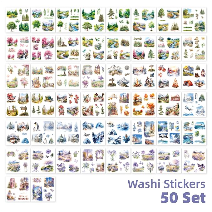 Colorful Landscape Theme Sticker Scrapbooking Supplies for Junk Journal, 50 Sheets Washi Stickers - Vintage Journaling Stickers, Ephemera Sticker Book Pre Cut(TZ-005-006)