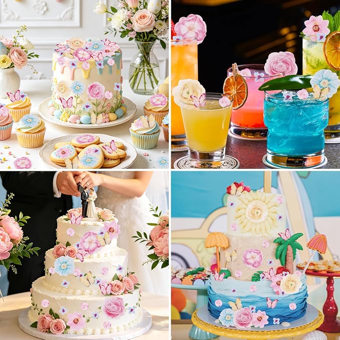 Morofme 52pcs Edible Flower Cake Topper Wafer Paper Flowers Hawaiian Flower Cupcake Decor Spring Aloha Cupcake Decorations Tropical Themed Mixed Size for Baby Shower Birthday Summer Party Supplies