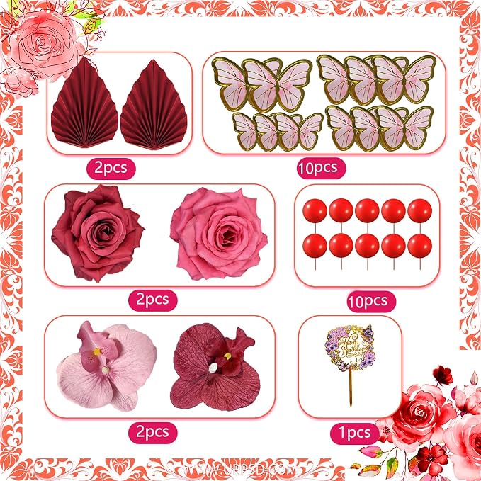 27 PCS Flower Cake Decorations Red Cake Decorations Boho Butterfly Cake Toppers with Rose Artifical Flowers Palm Leaves Balls Happy Birthday Cake Topper for Birthday Party Wedding Baby Shower