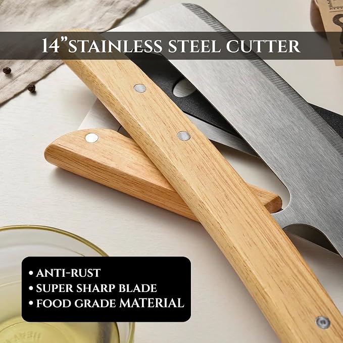 14” Dual-Grip Pizza Cutter Pizza Board | Gift Pizza Set, Best Pizza Cutter Rocker Blade, Bamboo Pizza Cutting Board, Pizza Slicer, Pizza Serving Board, Pizza Rocker Knife For Cutting Pizza Piza