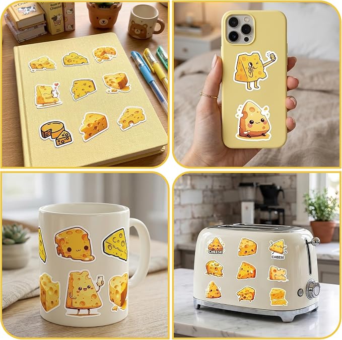 50 Pcs Cheese Stickers for Scrapbooking, Waterproof Vinyl Cute Kawaii Food Stickers for Laptops Water Bottles Journals, Fun Cheese Slice Decals for Kids Teens Adults
