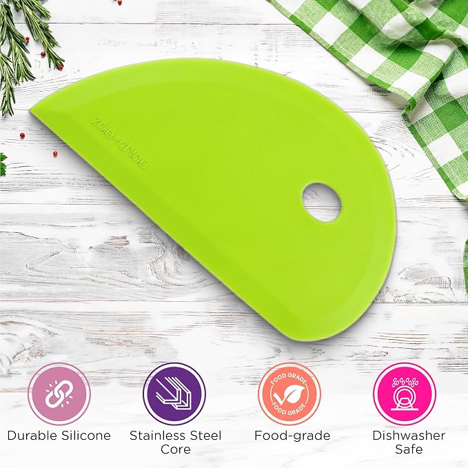 Zoie + Chloe Multipurpose Silicone Bowl Scraper - Dough Scraper for Cleaning Mixing Bowls, Baking Pan - Silicone Scraper Spatula For Painting, Smoothing, Frosting, Cake Decorating - Green, 7x3.75"