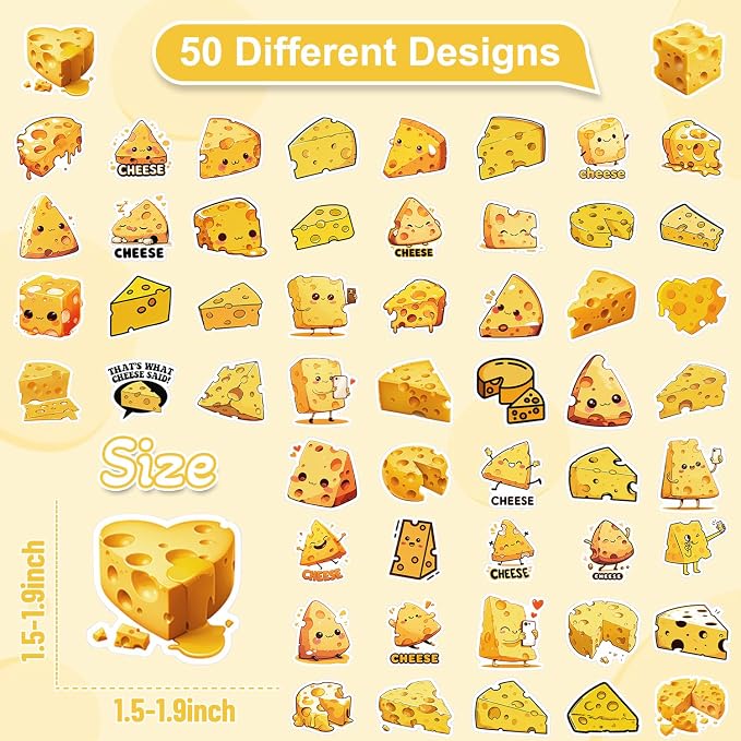 50 Pcs Cheese Stickers for Scrapbooking, Waterproof Vinyl Cute Kawaii Food Stickers for Laptops Water Bottles Journals, Fun Cheese Slice Decals for Kids Teens Adults