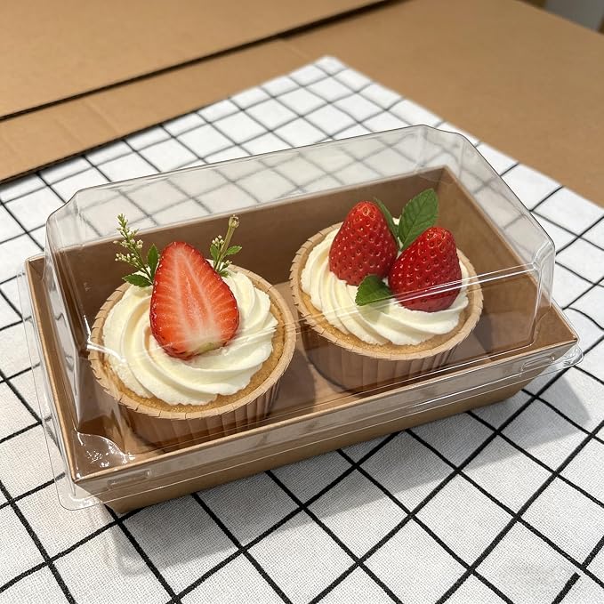100 Pack Charcuterie Boxes with Clear Lids, Small To Go Food Containers, Disposable Kraft Bakery Treat Boxes for 2 Cupcakes, Cake Slice Sushi Strawberry with Stickers