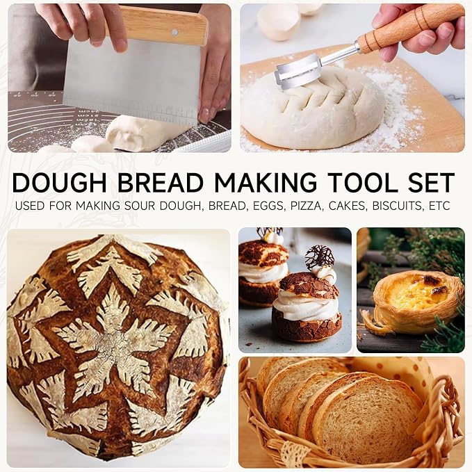 Hand Crafted Bread Lame Premium Sourdough Scoring Tool Bread Making Tools Set of 2 pieces Bread Knife(5 Blades) with Dough Scraper Bread Cutter