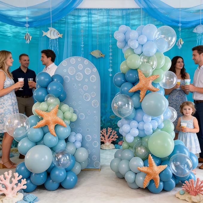Under the Sea Balloon Arch Garland Kit with Dusty Blue Pastel Green Sand White Star Foil Balloon for Ocean Themed Birthday Baby Shower Party Decorations