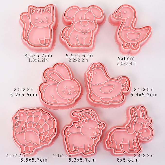 Farm Animal Cookie Cutters with Cookie Stamps 8 Pieces Cute Cookie Cutters for DIY Biscuit Snacks Cheese Baking (Farm B)