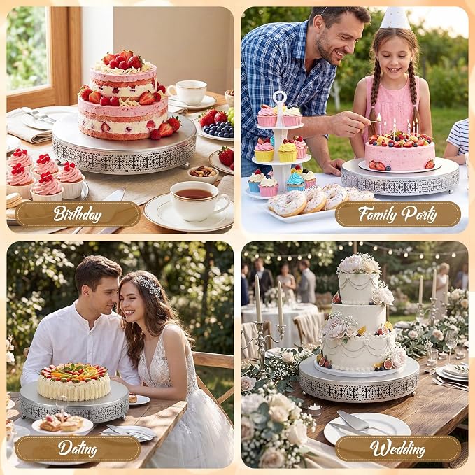 Wenqik Silver Cake Stand 16 Inch Metal Round Cupcake Dessert Wedding Cake Stand with Cutting & Spatula Cookies Display Holder Fruit Serving Tray for Table Wedding Birthday Anniversary Party