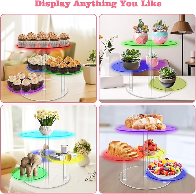 Cake Stand with Rechargable Light, 4 Tier LED Acrylic Cupcake Stand, Round Cake and Cupcake Stand Combo, Clear Tiered Cake Tower Stands for 50 Cupcakes, Display Stand for Wedding Birthday Party