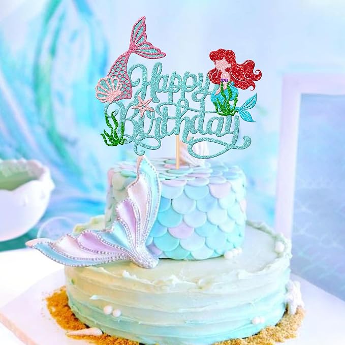 1 PCS Happy Birthday Cake Topper - Starfish, Seawood, Seashells, Mermaid Tail for Under the Sea Mermaid Theme Party Decorations, Blue