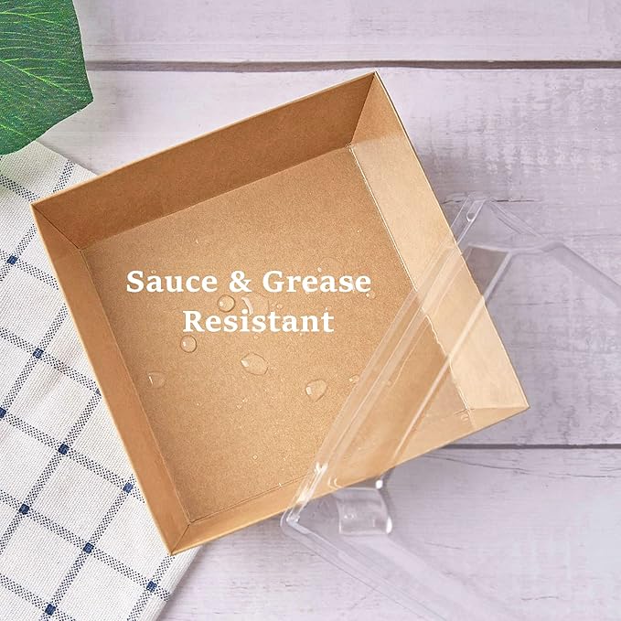 Ocmoiy Kraft Charcuterie Boxes with Clear Lids 4x4 Inch, 100 Pack Brown Square Bakery Cake Slice Boxes with Window, Dessert To Go Containers (100)