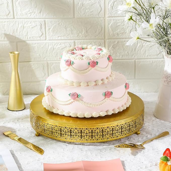 Wenqik 14 Inch Gold Cake Stand Set Metal Round Cupcake Dessert Wedding Cake Stand with Cutting & Spatula Cookies Display Holder Fruit Serving Tray for Table Wedding Birthday Anniversary Party