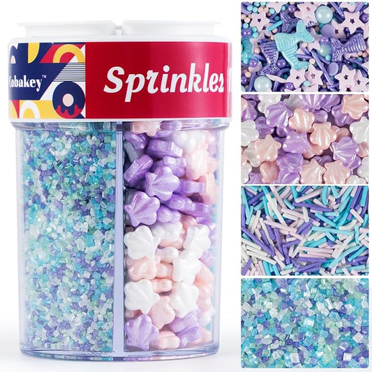 Edible Mermaid Sprinkles 4 Cell Pink Blue Purple Shell Pearls Sugar Jimmies Nonpareils Sanding Sugar Sprinkle Mix for Cake Decorations Baking Ice Cream Cookies Cupcake Topper 6.5 ounces