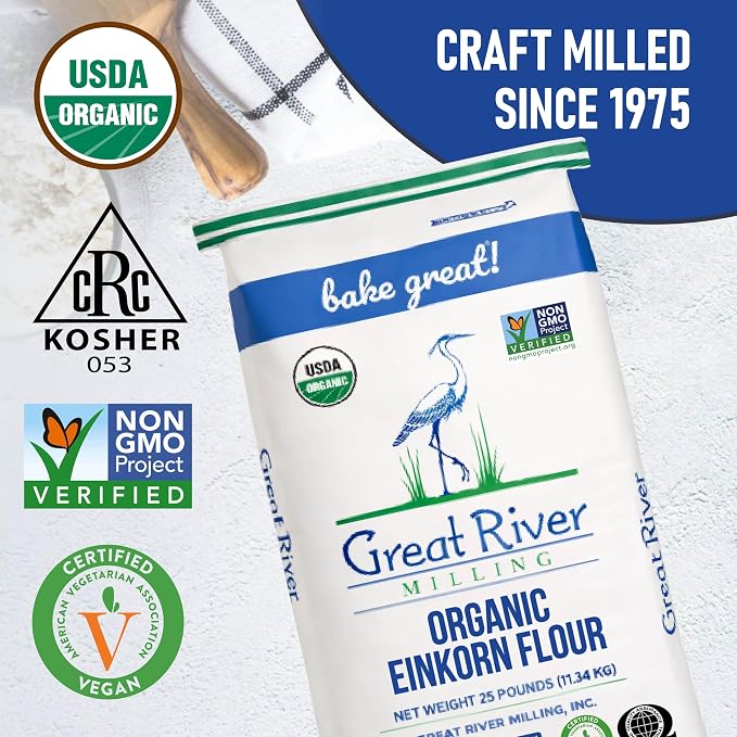 Great River Organic Milling Organic Einkorn Flour | Ancient Whole Wheat Flour | Non-GMO, Kosher, High-Protein | Nutrient-Rich, Healthier All-Purpose Flour Alternative for Baking | 25 Lb (Pack of 1)