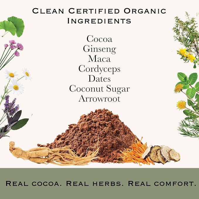 Herbal Roots Organic Energy Functional Cocoa Beverage Powder - Ginseng, Maca, Cordyceps - Sweetened with Dates and Coconut - 28 servings