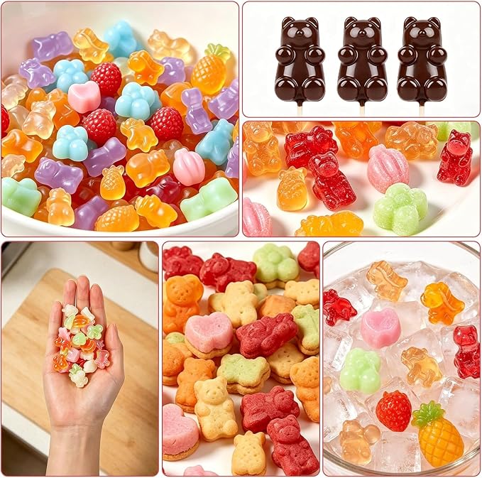 Gummy Candy Molds with 2pcs Droppers, Silicone Bear Dinosaur Fruit Snack Molds, Non-stick Silicone Chocolate Molds for Gummies Candy Chocolate Baking