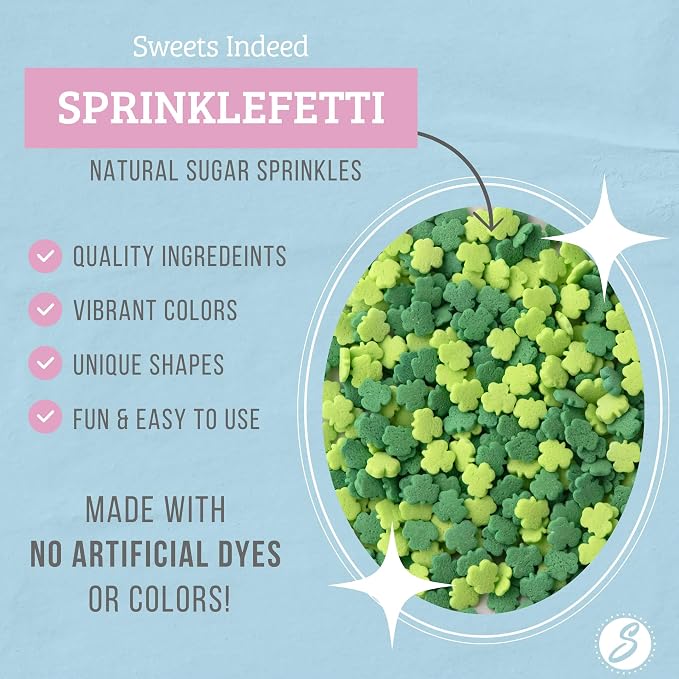 Sweets Indeed Dye Free St Patricks Day Sprinkles, Green Sharmrocks Clovers, No Artificials Dyes, Edible Sprinkle Mix, Perfect for Cake Decorations, Baking, Ice Cream, Cookies, Cupcake Topper (Dye Free Shamrock Mix)