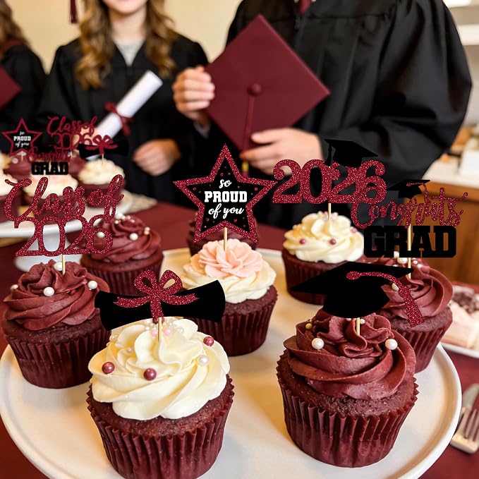 48 PCS Graduation Cupcake Toppers 2026, 6 Styles Grad Cake Topper, Congrats Graduation Decorations, Black and Burgundy Glittery Cap and Diploma Cake Picks for Grad Party Decor Supplies
