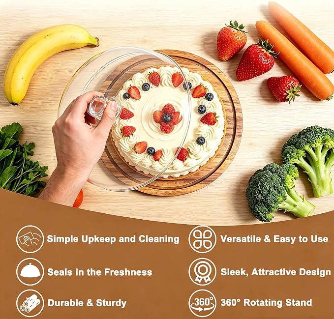 Rotating Acacia Wood Cake Stand with Dome Lid 11 inch Round Wooden Cake Display Plate with Cover for Wedding Birthday Party Kitchen Baking Gifts