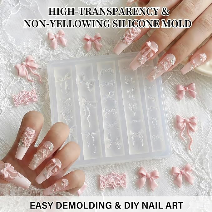 Bow Nail Art Silicone Mold for Acrylic Nails, 3D Ribbon & Lace Nail Charms Mold, Flexible Reusable Silicone Mold for Nail Art Decoration, DIY Nail Accessories for Gel Acrylic Resin
