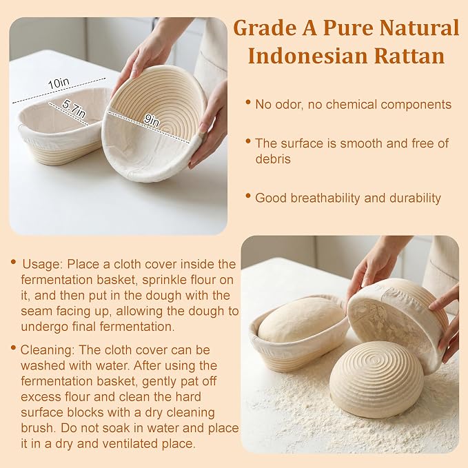 Sourdough Starter Kit with 9" Round & 10" Oval Bread Proofing Baskets | Pure Natural Indonesian Rattan Material and a Complete Set of Homemade Bread Baking Tools suitable for Beginners
