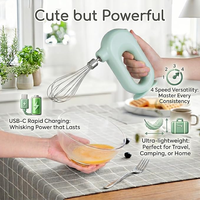 Colorful Mini Cordless Hand Mixer, Self-Standing USB Rechargeable Handheld Egg Beater with 4 Speeds & 2 Whisks, Lightweight Portable Electric Whisk for Kitchen Baking and Cooking(Pink)