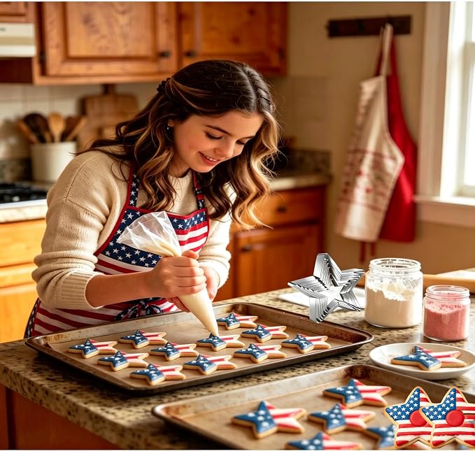 6pcs Star Cookie Cutter Set with 50pcs Piping Bags, Stainless Steel Large Star Cookie Cutter for Baking/Sandwich/Fruit/Biscuit,Perfect Molds for 4th of July, Birthday, Afternoon Tea, Party