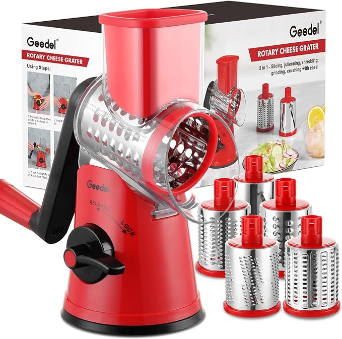Geedel Rotary Cheese Grater Cheese Shredder - Upgraded 5-in-1 Cheese Grater with Handle and Strong Suction Base, Multi-purpose Vegetable Slicer Ice Shaver Nuts Grinder for Cheese, Vegetables, Ice