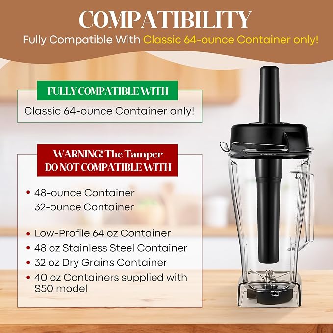 Replacement Blender Tamper Tool Compatible with Classic Standard 64oz Containers, Durable Plunger Tamper & Silicone Blender Spatula with Ergonomic Design