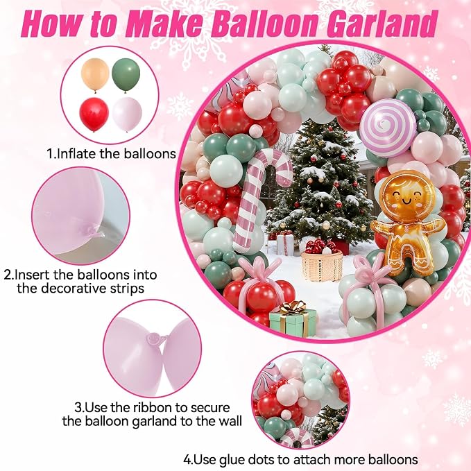 Christmas Balloon Arch Kit, Red Green Macaron Orange Pink Balloons with Lollipop Candy Cane Gingerbread Man Foil Balloons for Xmas Holiday Winter Birthday New Year Party Decorations