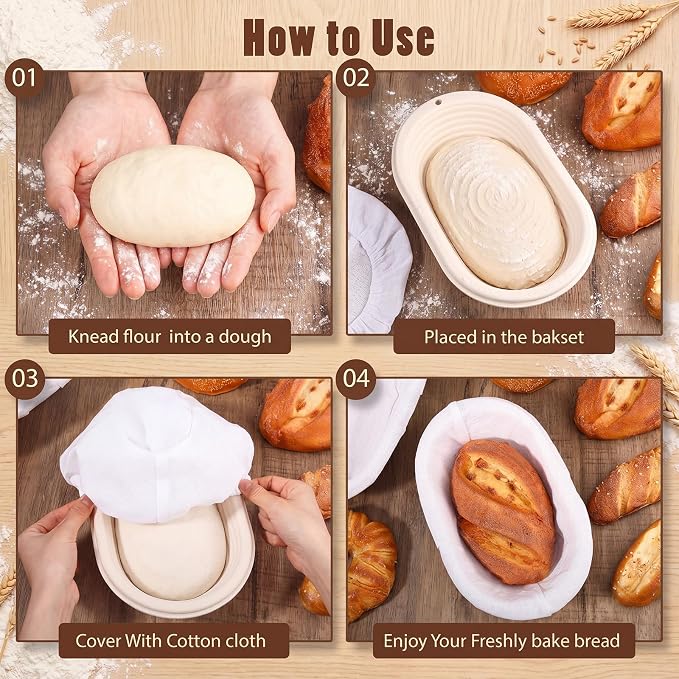 Baderke 4 Pack Banneton Bread Proofing Basket Set 10 Inch Wood Pulp Sourdough Proofing Basket Non Stick Sourdough Banneton Bowl and Liners for Bread Baking Supplies(Beige,Oval)
