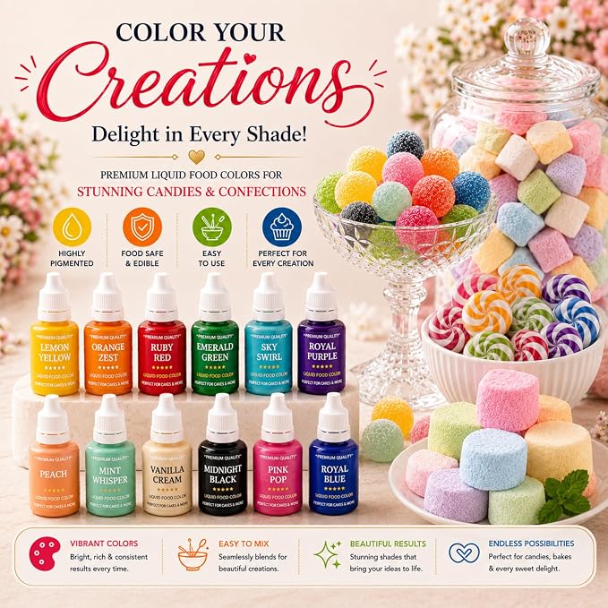 Confect Core Baking Water Color Food Coloring Set – Highly Pigmented Oil Based Food Colors for Cakes, Buttercream, Drinks, Popsicles & Baking – 12 Pack × 10mL