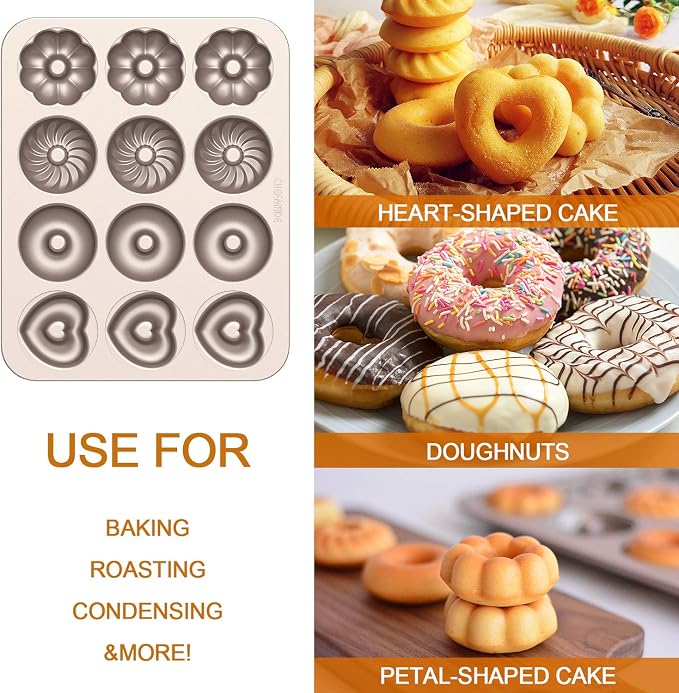 CHEFMADE Donut Mold Cake Pan, 12 Cavity Fluted Flower Cake Tin Pan Heavy Duty Steel Non-stick Flower Heart Shaped Bund Pans Pattern Doughnut Bakeware for Oven Baking (Champagne Gold)