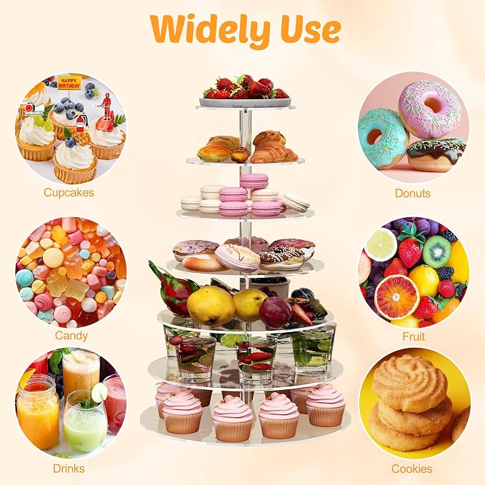 7 Tier Cupcake Stand, Round Cupcake Tower Stand, Clear Acrylic Cupcake Tier Stand, Cupcake Dessert Display Stand for Wedding Graduation Birthday