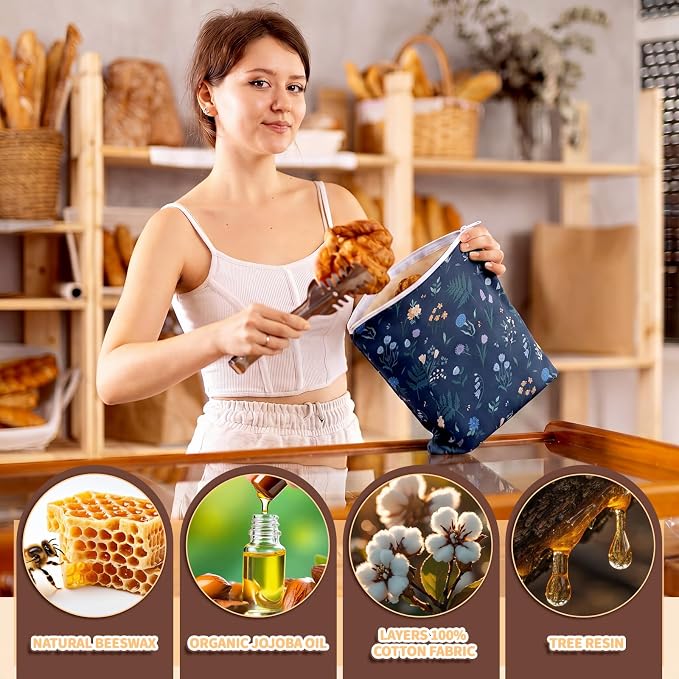 Hahafelt 2 Pack Beeswax Bread Bags with Zipper Seal for Sourdough and Homemade Bread XL Reusable Organic Linen Cotton Beeswax Loaves Food Storage Bag to Keep Fresh(Wildflower)